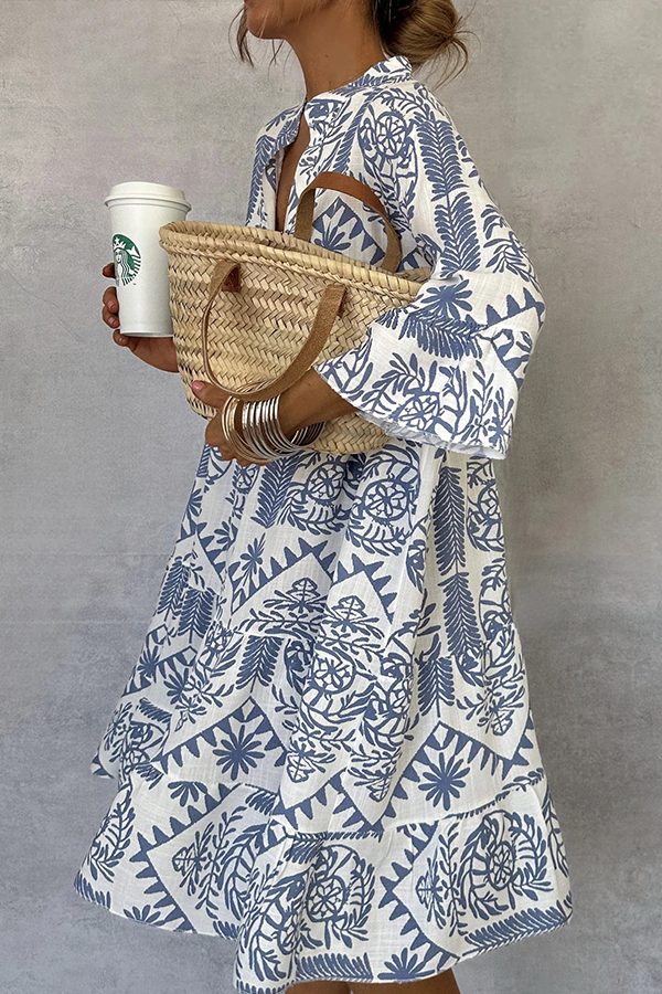 Unique Printed V-neck Bell Sleeve Mini Dress-consonak