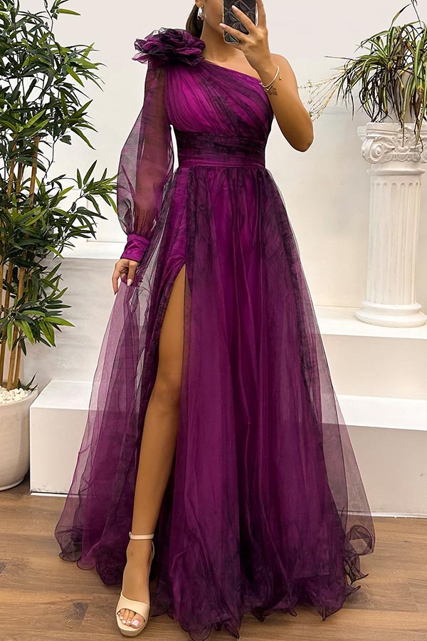 Guest List Tulle Printed Flower Pendant One Shoulder Pleated Slit Maxi Dress-consonak