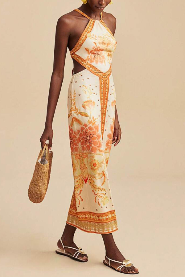 Floral Print Sleeveless Backless Tie Slim-fit Vacation Maxi Dress