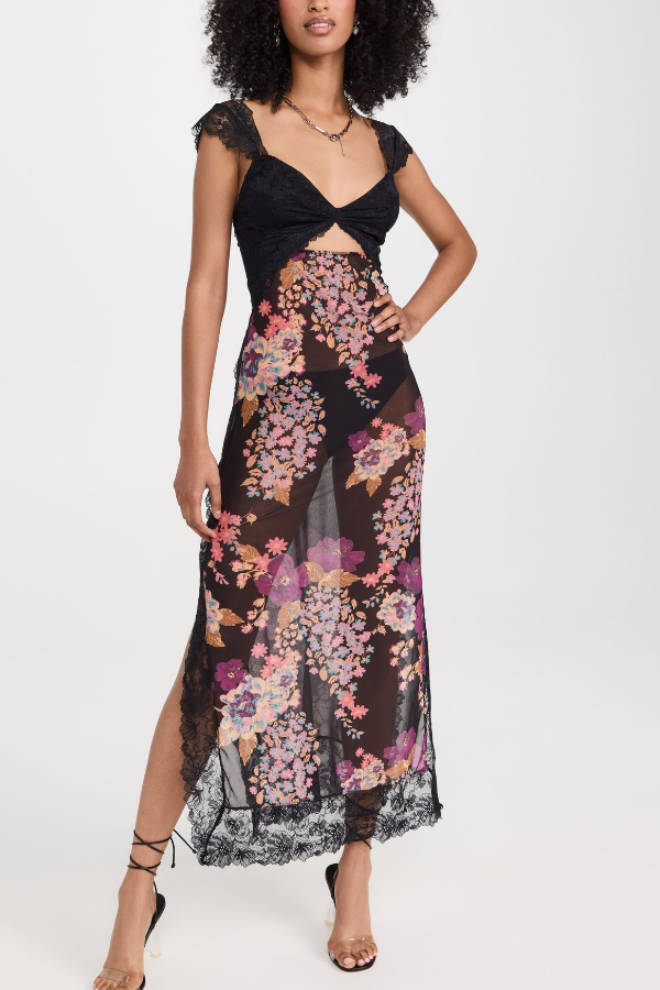 Floral Print Lace Patchwork Hollow-out Slim-fit Midi Dress-consonak