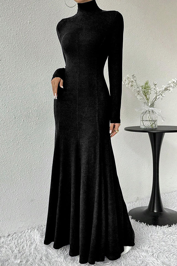 Solid Color High-neck Long-sleeved Slim-fit Fishtail Elegant Maxi Dress-consonak