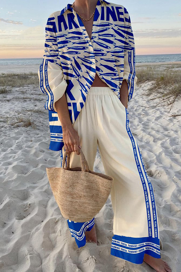 Unique Ocean Print Oversized Shirt and Elastic Waist Pocket Pants Set | Consonak