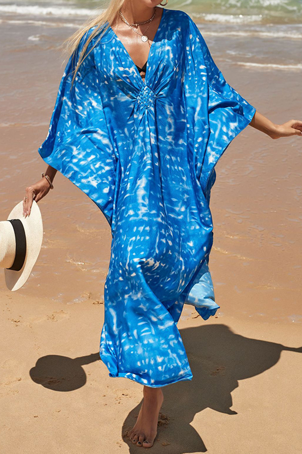 Simple Unique Printed Pleated Front Slit Cover Up-consonak