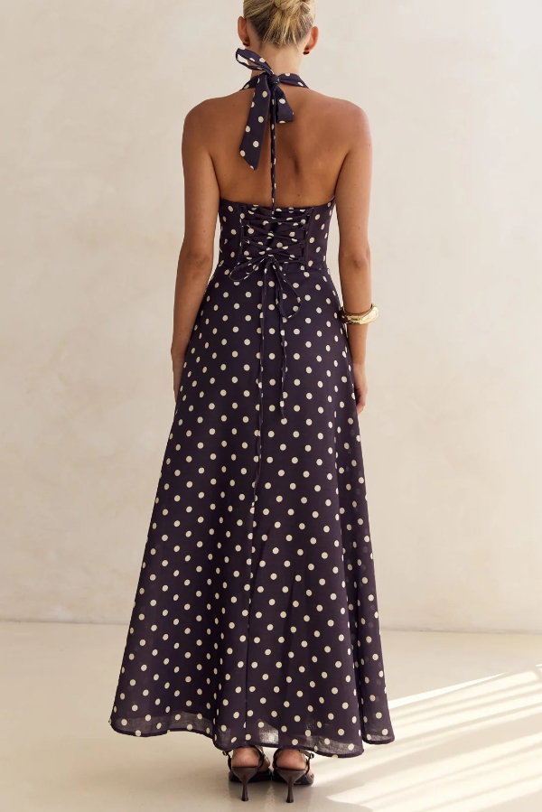 Floral Print V-neck Backless Tie-up Fitted Waist Elegant Maxi Dress-consonak