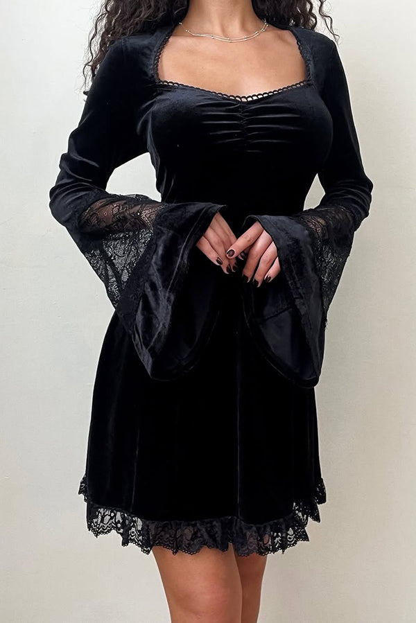 Solid Color Velvet and Lace Spliced long-sleeved Elegant Mini Dress-consonak