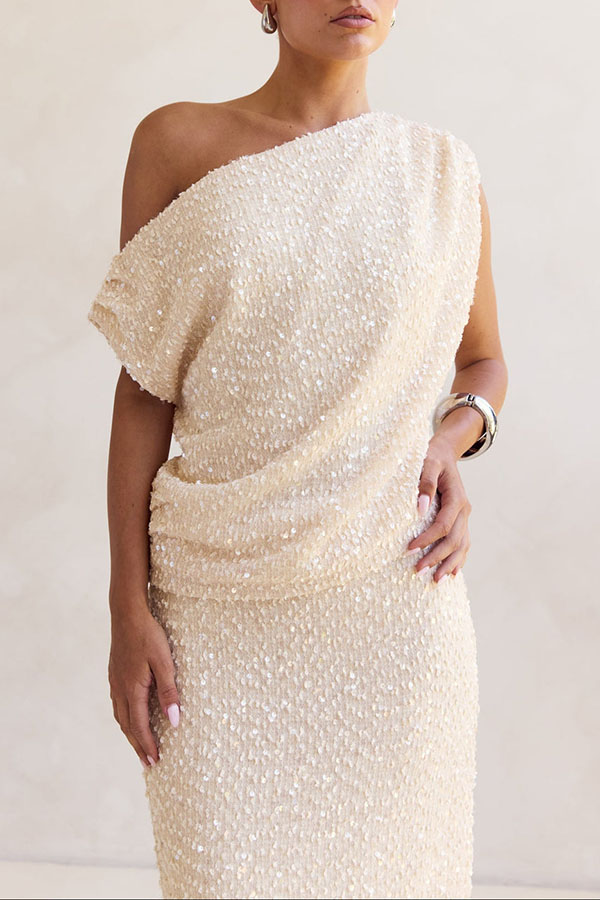 Milla Knit Sequin Asymmetrical Neck Draped Loose Top-consonak