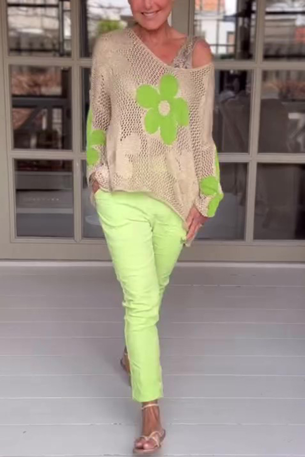 Embroidered Flower Hollow Long-sleeved Holiday Loose Knitted Top-consonak