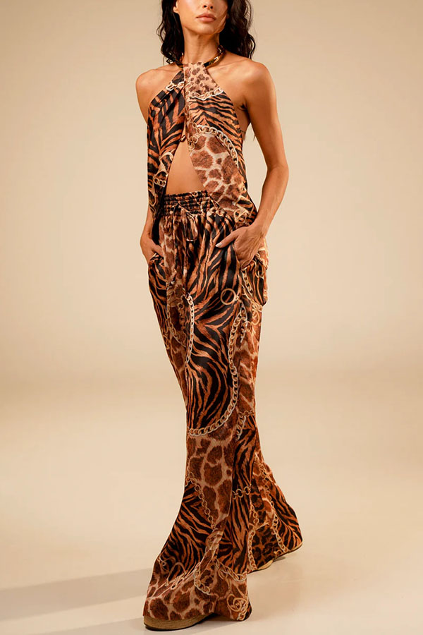 Laine Animal Paisley Print Metal Ring Halter Slit Tank and Elastic Waist Pocket Loose Pants Set-consonak