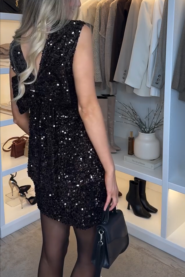 Glam Season Velvet Sequin Back Oversized Bow Design Sleeveless Loose Mini Dress-consonak