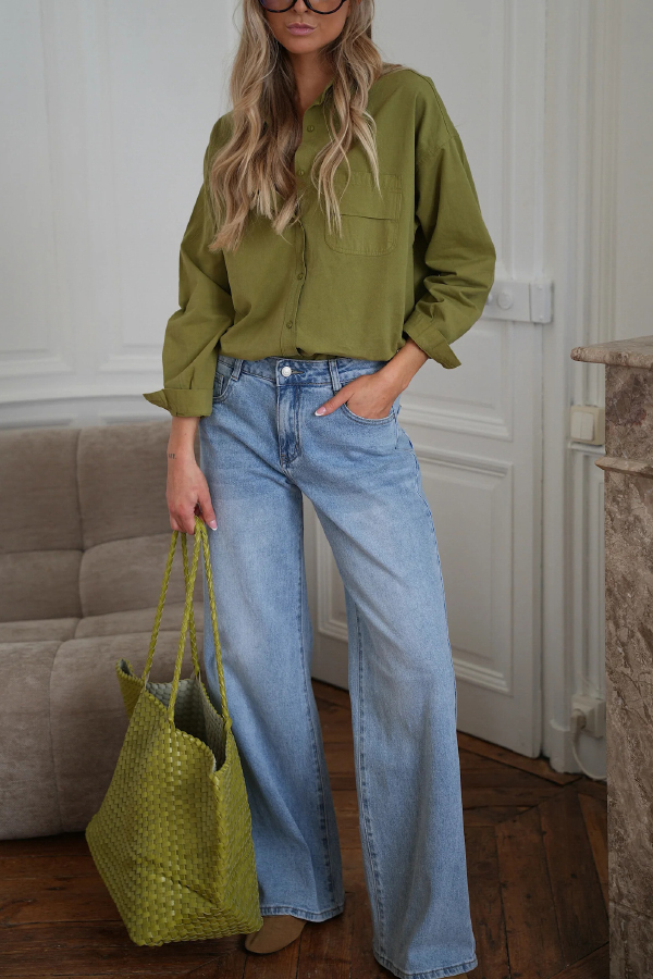 Stylish Denim Colorblock Star Patterned Mid Waist Pocket Wide Leg Jeans