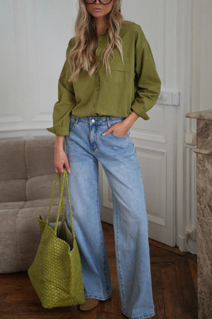 Stylish Denim Colorblock Star Patterned Mid Waist Pocket Wide Leg Jeans