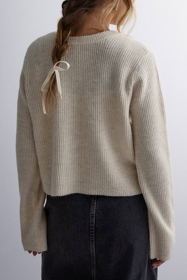 Solid Color Loose Long Sleeve Lace-up Knitted Cardigan-consonak