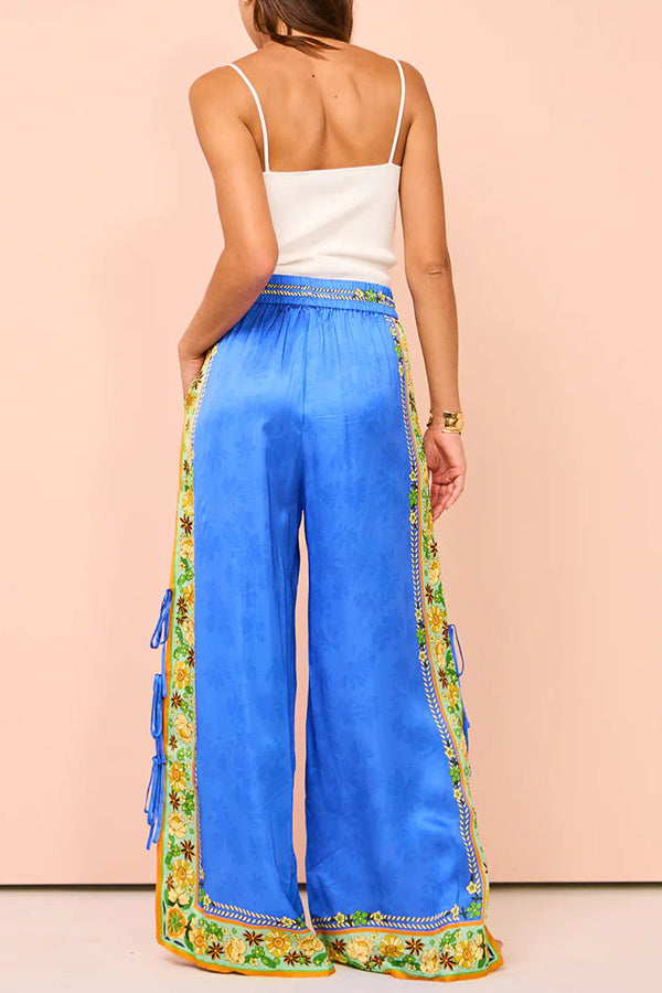 Nara Satin Unique Print Side Lace-up Tank and Elastic Waist Pocketed Wide Leg Pants Set-consonak