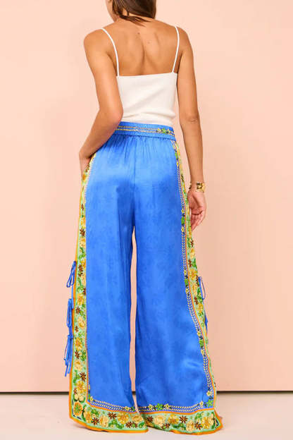Nara Satin Unique Print Side Lace-up Tank and Elastic Waist Pocketed Wide Leg Pants Set-consonak