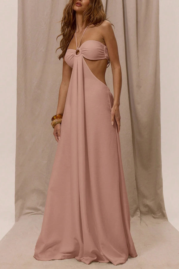 Solid Color Halter Neck Cutout Casual Loose Wide-leg Jumpsuit-consonak