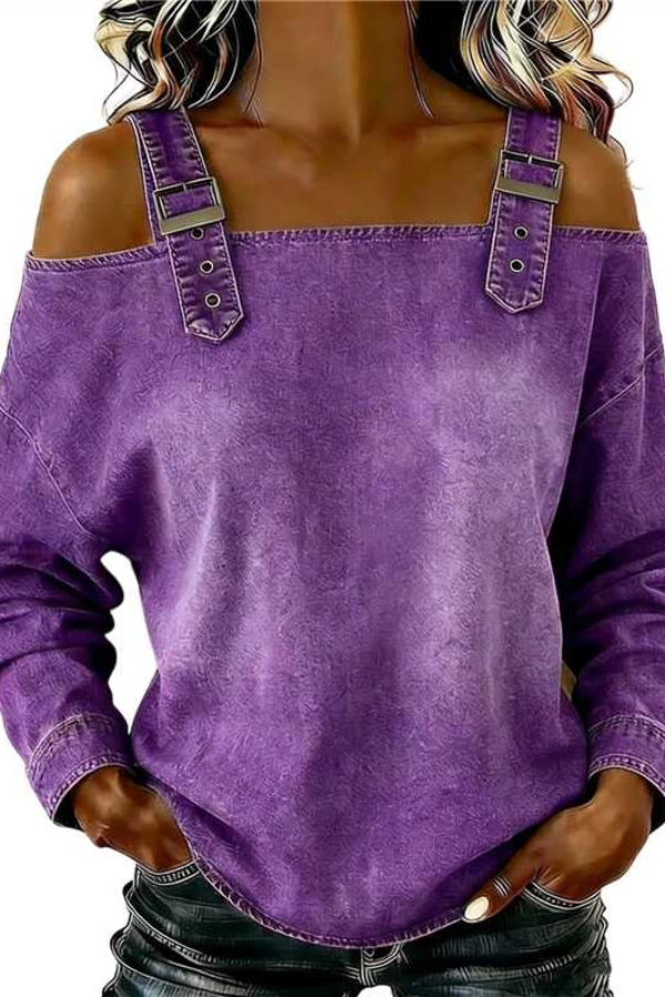 Fashionable Faux Denim Off-shoulder Long-sleeved Loose Top