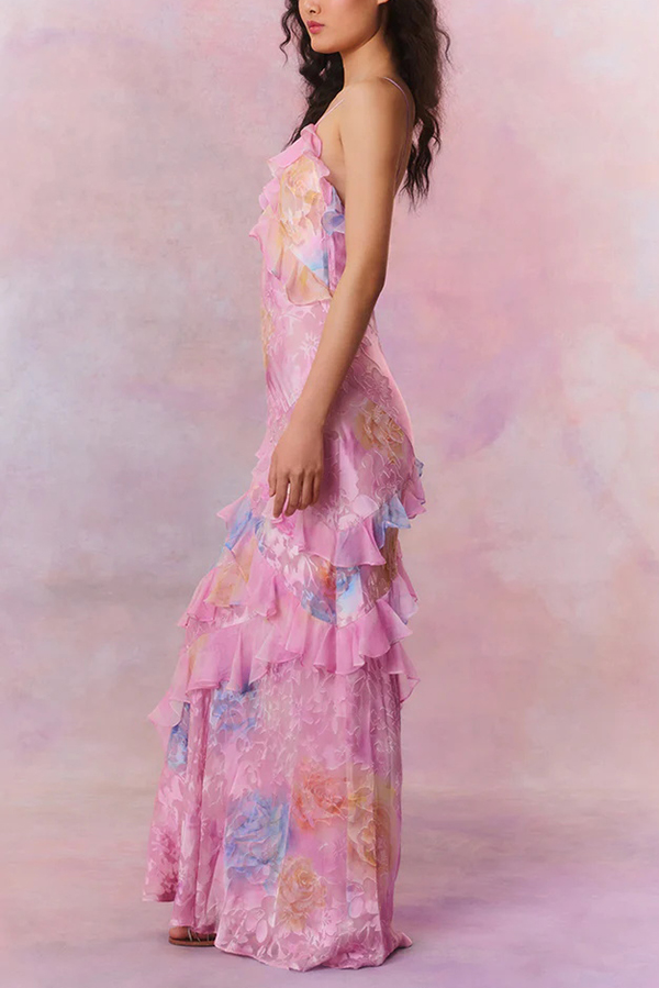 Multicolor Tie-dye Sexy Backless Wave-hem Strap Maxi Dress-consonak