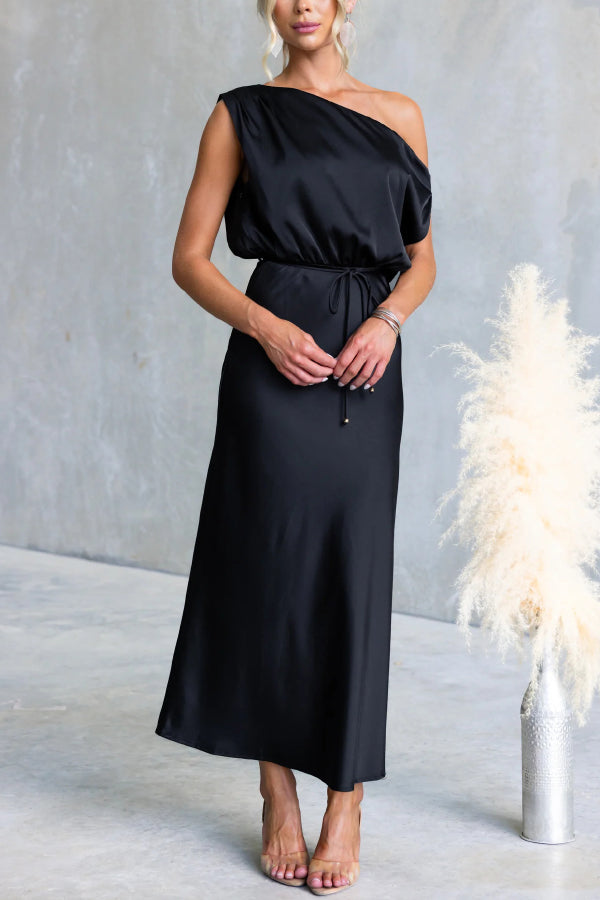 Solid Color One-shoulder Sleeveless Belted Casual Maxi Dress-consonak
