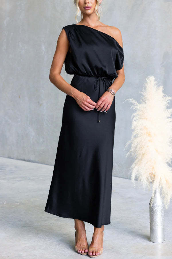 Solid Color One-shoulder Sleeveless Belted Casual Maxi Dress