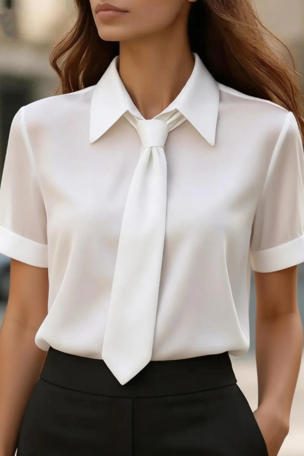 Solid Color Collared Tie Short-sleeved Casual Shirt | Consonak