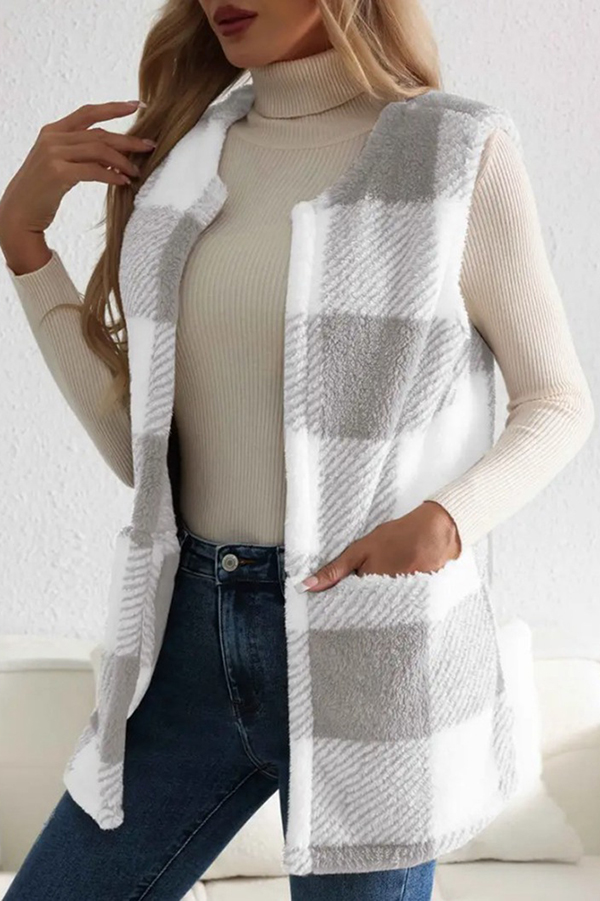 Fashionable Plaid Loose Pocket Sleeveless Jacket-consonak