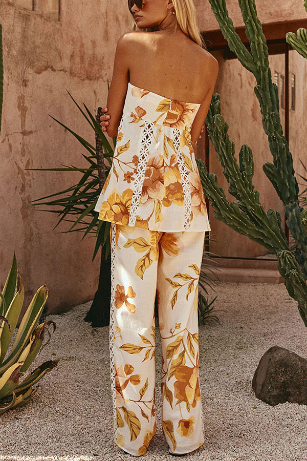 Lorde Linen Blend Floral Print Cutout Trim A-line Tank and High Rise Pocket Wide Leg Pants Set-consonak