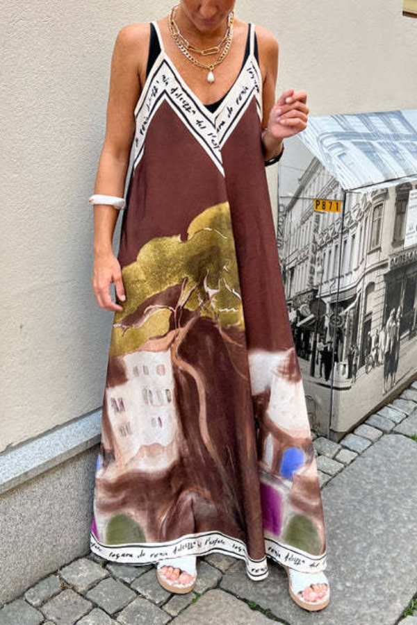 Unique Print Loose-fitting V-neck Casual Holiday Maxi Dress