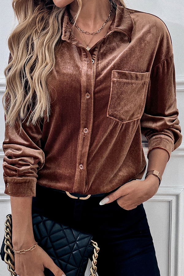 Solid Color Velvet Casual Lapel Pocket Loose Shirt-consonak