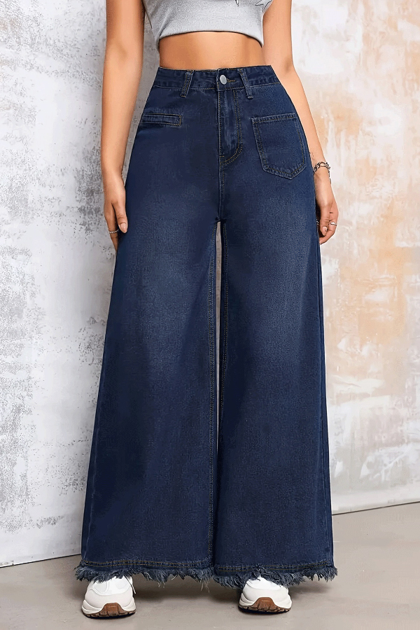 Stylish Loose-fitting Frayed Hem Casual Pocket Wide-leg Jeans