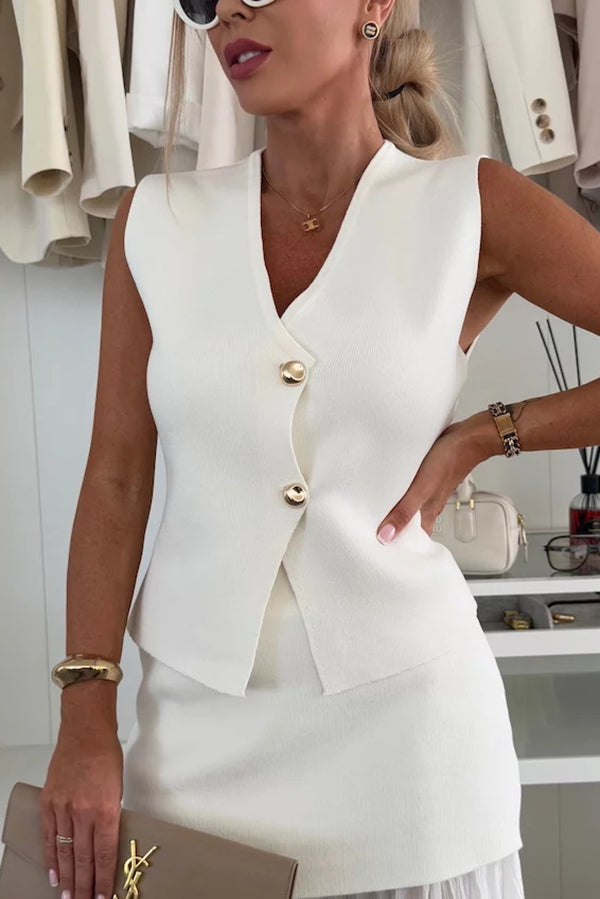 Stylish and Elegant Knit Gold Buttons V-neck Loose Vest | Consonak