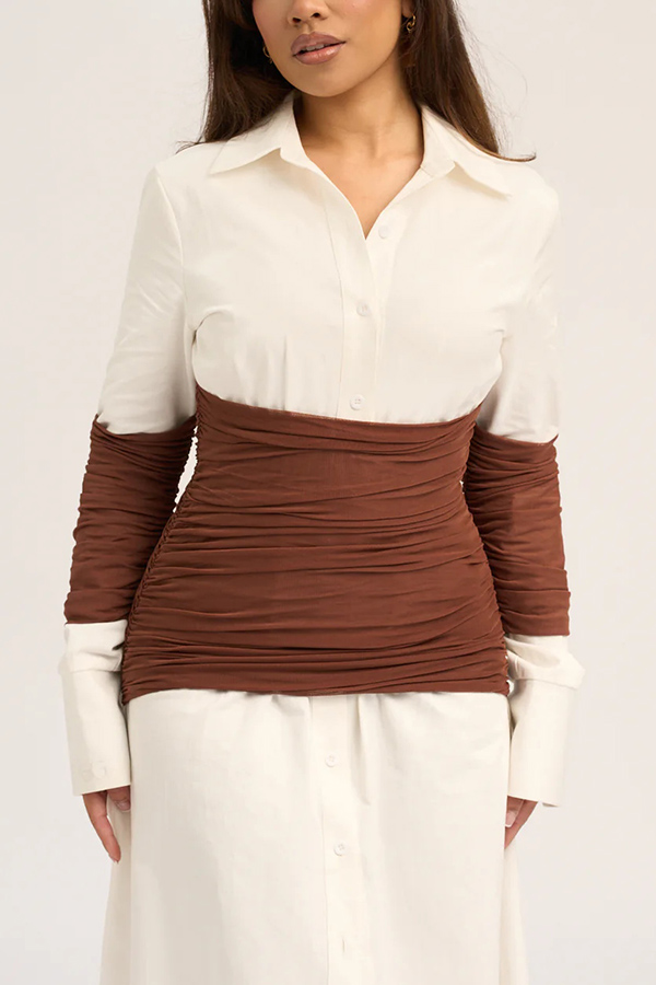 Fashionable Pleated Contrast Patchwork Waist Long Sleeve Button Shirt Maxi Dress-consonak