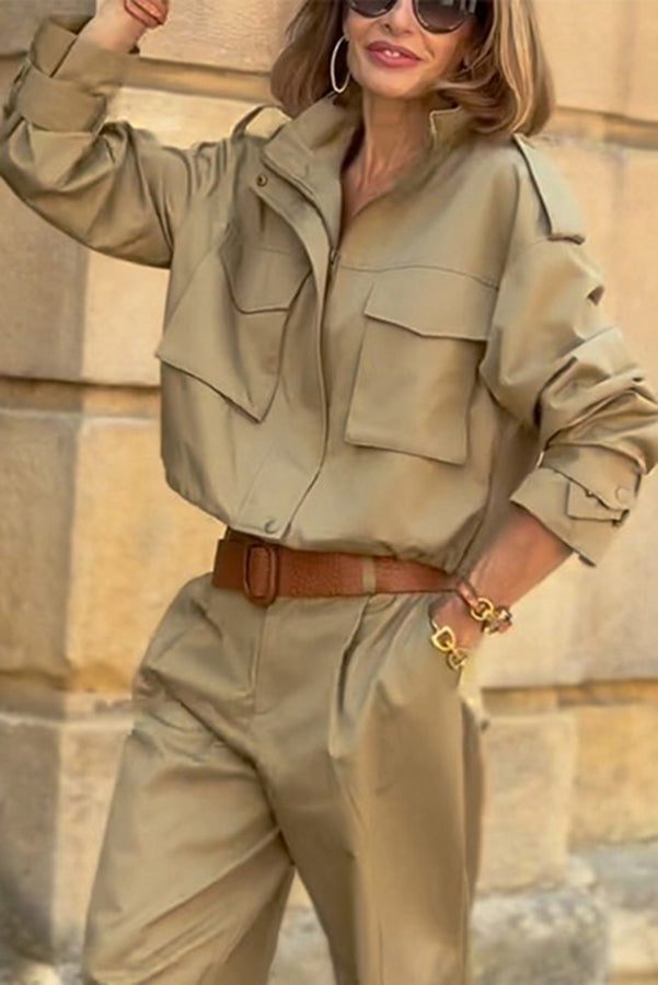 Classic Charm Strap Details Pocketed Cargo Style Zipper Loose Jacket-consonak