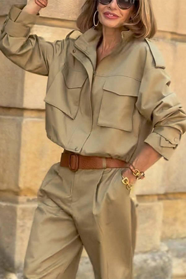 Classic Charm Strap Details Pocketed Cargo Style Zipper Loose Jacket-consonak