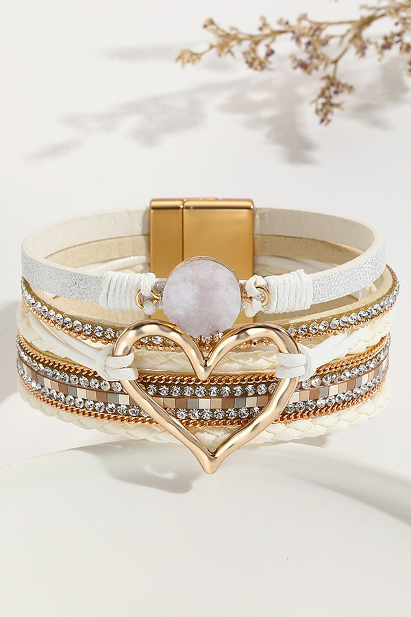 Bohemian Leather Cord Multi-layered Raw Stone Heart Bracelet | Consonak