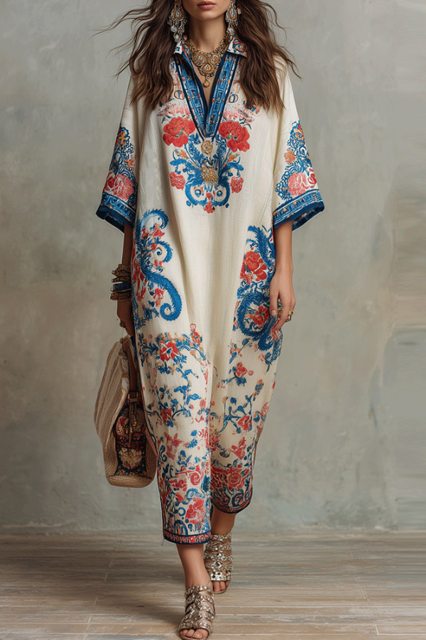 Unique Print Loose V-Neck Casual Slit Maxi Dress