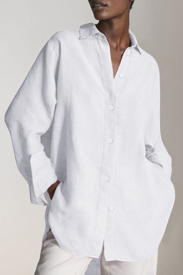 Reality Calling Linen Blend Solid Button Long Sleeve Loose Blouse-consonak