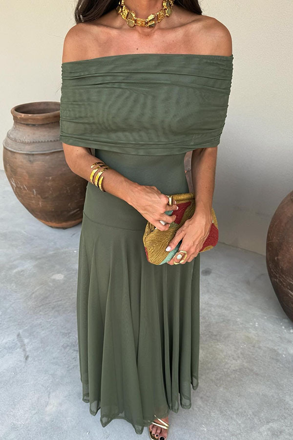 In My Arms Mesh Ruched Strapless Paneled Drape Flare Maxi Dress