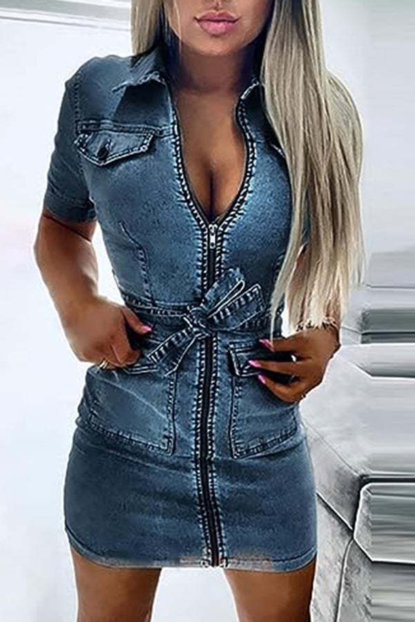 Tie Waist Zipped Pocket Denim Mini Dress-consonak