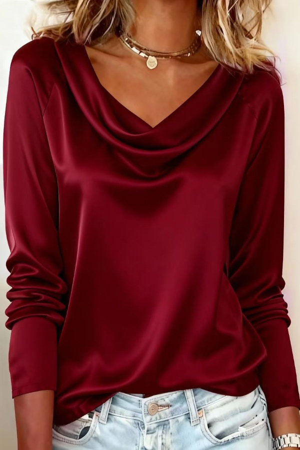 Solid Color Satin Casual Long-sleeved Draped Shirt-consonak