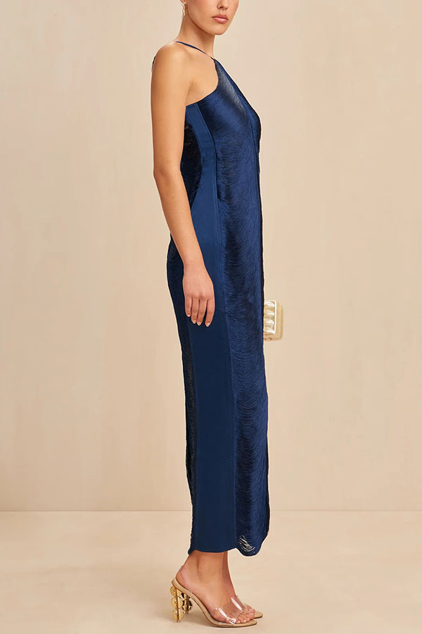 Sexy Allnight Metallic Halterneck Backless Fringed Slit Maxi Dress | Consonak