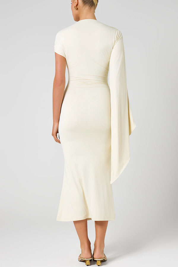 Ariarne Asymmetric Neck Long Draped Sleeve Gold Hardware Detail Midi Stretch Dress