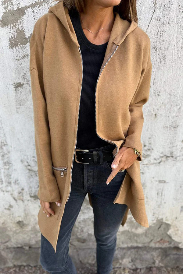 Solid Color Hooded Casual Zip Pocket Jacket-consonak
