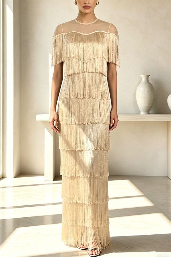 Elowyn Mesh Tiered Tassel Patchwork Round Neck Cape Sleeve Midi Dress-Consonak