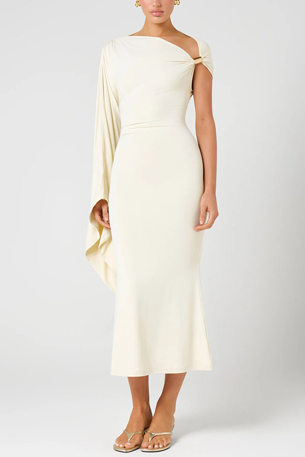 Ariarne Asymmetric Neck Long Draped Sleeve Gold Hardware Detail Midi Stretch Dress
