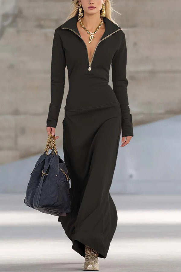 Solid Color Long-sleeved Lapel Zipper Casual Maxi Dress-consonak
