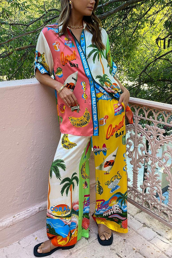 Kissed By The Sun Satin Unique Print Colorblock Elastic Waist Pocketed Wide Leg Pants | Consonak