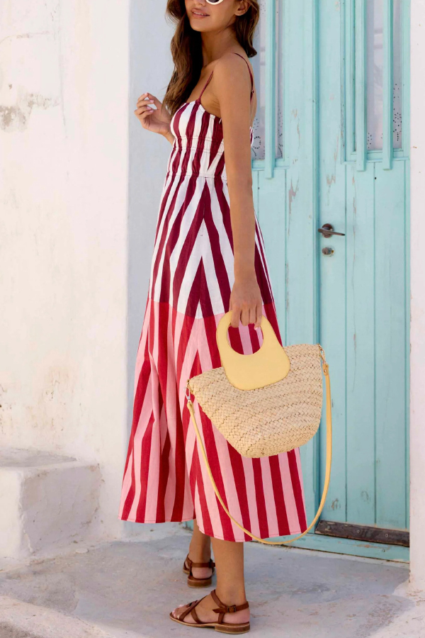 Striped Print Camisole Pleated Holiday Midi Dress-consonak