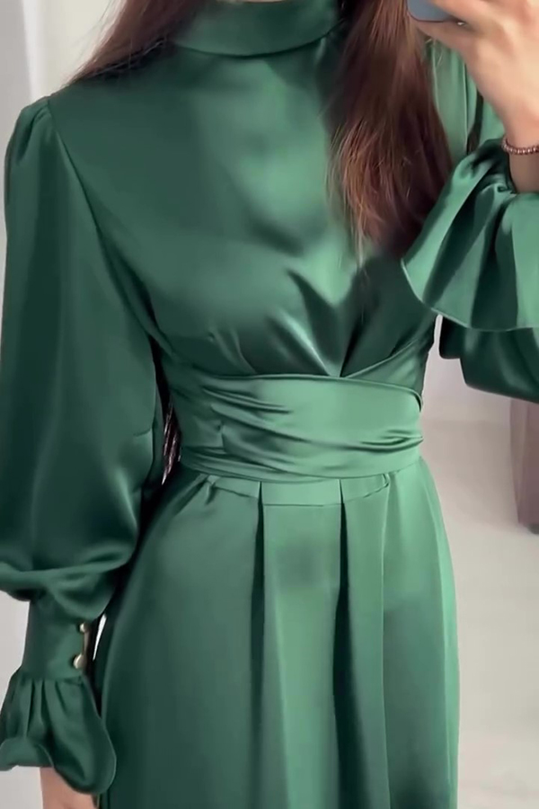 Solid Color Ruffled Sleeves Waisted Tie Slim Fit Maxi Dress-consonak