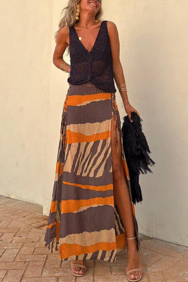 Bendita Colorblock Print Elastic Waist Side Lace-up Slit Maxi Skirt-consonak
