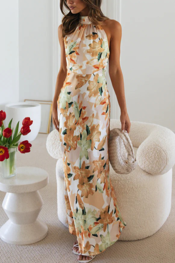 Floral Print Sleeveless Halter Neck Tie Holiday Maxi Dress-consonak